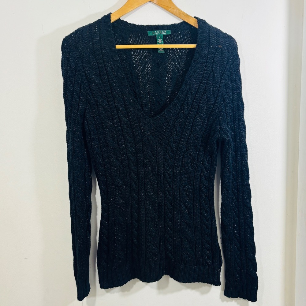 Ralph Lauren Cable Knit Pullover Black Glittery V-Neck Sweater Women's Size‎ M